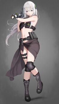 Rule 34 | 1girl, absurdres, alternate costume, bikini, black bikini, black boots, boots, breasts, butterfly hair ornament, closed mouth, commentary request, echidna (re:zero), flashlight, full body, gibun (sozoshu), gradient background, grey background, gun, h&amp;k usp, hair ornament, handgun, highres, holding, holding gun, holding weapon, lace-up boots, long hair, medium breasts, navel, purple eyes, re:zero kara hajimeru isekai seikatsu, smile, solo, swimsuit, tachi-e, weapon, white hair