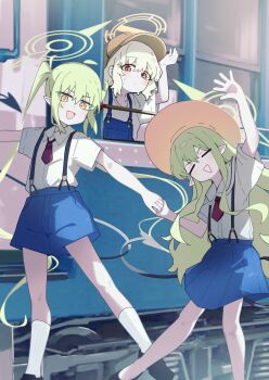 3girls :d absurdres aoba_(blue_archive) blonde_hair blue_archive blue_shorts blue_skirt closed_eyes demon_tail green_hair halo hat highres hikari_(blue_archive) holding_hands kilabo multiple_girls necktie nozomi_(blue_archive) open_mouth orange_eyes shorts skirt smile socks suspender_skirt suspenders sweatdrop tail train twintails waving wavy_hair white_socks yellow_eyes