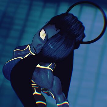 Rule 34 | 1girl, absurdres, aot 4000, artist name, black hair, breasts, chromatic aberration, commentary, female seth (street fighter), from above, hair rings, highres, long hair, muscular, muscular female, neon trim, single hair ring, solo, street fighter, street fighter v, yellow eyes