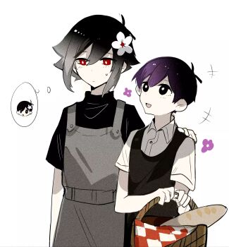 Rule 34 | +++, 2boys, :d, ahoge, aislan, alternate hair color, alternate height, antenna hair, apron, arm at side, baguette, basil (faraway) (omori), basil (omori), basket, black eyes, black hair, black sweater, black sweater vest, bread, bright pupils, chinese commentary, closed mouth, collared shirt, commentary request, double-parted bangs, film grain, flower, food, gradient hair, grey apron, grey hair, hair behind ear, hair between eyes, hair flower, hair ornament, hand on another's shoulder, highres, holding, holding basket, holding picnic basket, looking at another, looking to the side, male focus, multicolored hair, multiple boys, omori, open mouth, pale skin, personality switch, picnic basket, purple flower, purple hair, red eyes, shirt, short sleeves, simple background, smile, speech bubble, sunny (omori), sweatdrop, sweater, sweater vest, thought bubble, turtleneck, turtleneck sweater, two-tone hair, upper body, white background, white flower, white pupils, white shirt