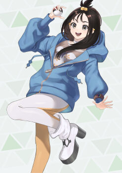 1girl absurdres black_hair blue_hoodie blush boots breasts choker commentary_request cube_hair_ornament earclip grey_eyes hair_ornament highres holding holding_poke_ball hood hood_down hoodie jacket leggings lida_(pokemon) long_hair long_sleeves looking_at_viewer mega_ring nintendo open_mouth orange_leggings poke_ball poke_ball_(basic) pokemon pokemon_legends:_z-a ribbed_socks shirt small_breasts smile socks solo teeth topknot two-tone_legwear umezu_8989 white_boots white_choker white_leggings wispy_bangs