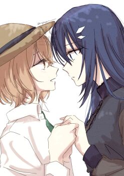 2girls black_dress blue_hair brown_eyes brown_hair closed_mouth collared_shirt commentary_request dress eye_contact highres holding_hands long_hair looking_at_another medium_hair mogusan multiple_girls open_mouth oumi_shiori shirt simple_background smile watashi_wo_tabetai_hitodenashi watermark white_background white_shirt yaotose_hinako yuri