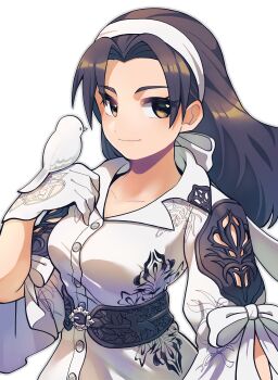 1girl absurdres bird bird_on_hand black_hair buttons closed_mouth collarbone eyelashes gloves guest_art hairband highres kazama_jun kotorai long_hair looking_at_viewer namco non-web_source official_art shirt smile solo tekken tekken_2 tekken_8 tekken_tag_tournament tekken_tag_tournament_2 upper_body white_background white_bird white_gloves white_hairband white_shirt