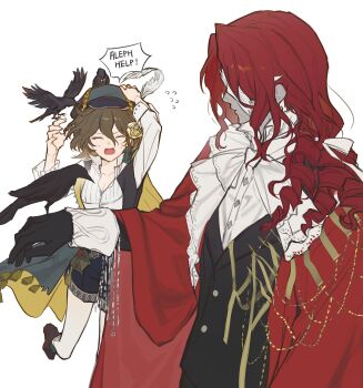 1boy 1girl aleph_(a_feast_of_imagery)_(reverse:1999) aleph_(reverse:1999) animal animal_on_head arms_up ascot bird bird_on_hand bird_on_head black_bird black_gloves black_jacket black_shorts black_vest boots brown_boots brown_hair cape closed_eyes covered_face cracked_mask crow drill_hair english_text flower gloves green_cape green_hat grey_mask hair_flower hair_ornament hand_up hands_up hat hat_feather highres jacket mole mole_under_eye newsboy_cap official_alternate_costume on_head open_clothes open_mouth open_vest pantyhose profile recoleta_(reverse:1999) red_cape red_hair reverse:1999 rose running shirt short_hair shorts side_cape sp0i0ppp speech_bubble upper_body vest white_ascot white_background white_pantyhose white_shirt yellow_flower yellow_rose