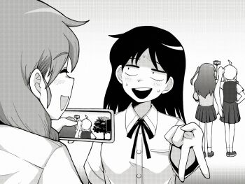 Rule 34 | 4girls, :d, ^ ^, ahoge, blush, bocchi the rock!, breast pocket, cellphone, chib0b, closed eyes, collared shirt, crossover, dress shirt, facing away, from behind, full body, futsuu no keion-bu, greyscale, gyaru v, hand on own hip, hatono chihiro, holding, holding phone, ijichi nijika, instrument connection, kita ikuyo, long hair, medium hair, monochrome, multiple girls, neck ribbon, one side up, open mouth, phone, pleated skirt, pocket, ribbon, school uniform, selfie stick, shirt, shoes, short sleeves, side ponytail, sideways mouth, skirt, smartphone, smile, socks, standing, sweat, sweater vest, taking picture, trait connection, uchida momo, upper body, v