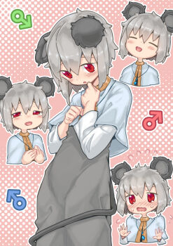 Rule 34 | 1boy, :d, animal ears, blush, capelet, closed eyes, commentary request, cookie (touhou), cowboy shot, dorasiro (cookie), dress, grey dress, grey hair, hair between eyes, highres, long sleeves, looking at viewer, male focus, man (man-room), mars symbol, mouse boy, mouse ears, mouse tail, nazrin, open mouth, pink background, red eyes, shirt, short hair, smile, tail, touhou, trap, white capelet, white shirt