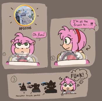 2025 2boys 2girls 3koma amy_rose animal_ears bracelet comic commentary cream_the_rabbit dress e-123_omega english_commentary english_text furry furry_female furry_male gameplay_mechanics gloves gold green_eyes grey_background hedgehog_boy hedgehog_girl jewelry meme monster_truck motor_vehicle multiple_boys multiple_girls multiple_views nervous pink_hair portal_(object) rabbit_ears rabbit_girl red_dress robot sega shadow shadow_the_hedgehog simple_background smile sonic_(series) sonic_racing:_crossworlds speech_bubble unfortunateham white_gloves