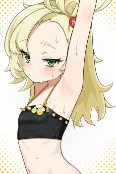 1girl absurdres arm_up armpits blonde_hair blush breasts closed_mouth commentary_request gradient_background highres korean_commentary loli looking_at_viewer medium_hair navel piper_wheel polka_dot polka_dot_background presenting_armpit small_breasts solo sweat upper_body white_background zenless_zone_zero zing_(z_z_zing)