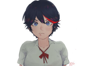 Rule 34 | 1girl, alternate hair length, alternate hairstyle, black hair, blue eyes, closed mouth, commentary, english commentary, eyelashes, highres, kill la kill, matoi ryuuko, multicolored hair, neck ribbon, red hair, red ribbon, rezukita, ribbon, shirt, short hair, short sleeves, signature, simple background, solo, streaked hair, two-tone hair, very short hair, white background, white shirt
