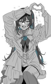 1girl ado_(utaite) blue_hair chando_(ado) closed_eyes coat colored_inner_hair commentary earrings gunjyou_(gunjyou_00) heart heart_hands highres jewelry long_hair mole mole_under_eye multicolored_hair open_mouth pants simple_background solo spot_color symbol-only_commentary utaite white_background