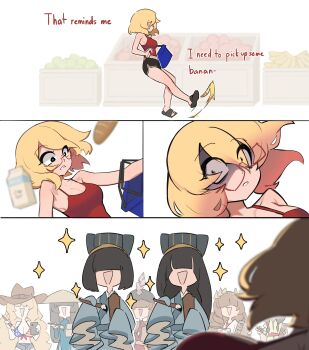 6+girls absurdres american_flag american_flag_bikini american_flag_print baguette banana_peel bare_legs bare_shoulders bikini black_shorts blonde_hair bread breasts centurii-chan centurii-chan_(character) chinese_clothes clenched_teeth commentary cowboy_hat drink_carton english_commentary english_text flag_print flag_print_bikini food fruit glasses greco-roman_clothes grocery_store hair_over_eyes hat highres holding holding_paintbrush indoors korean_clothes large_breasts laurel_crown looking_at_another milk_carton multiple_girls navel open_mouth paintbrush pizza_box print_bikini red-framed_eyewear red_tank_top roman_clothes sandals semi-rimless_eyewear shopping_basket short_hair short_shorts shorts slipping slipping_on_banana_peel smile star_(symbol) surprised swimsuit tank_top teeth