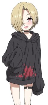 1girl black_hoodie blonde_hair blush bottomless child commentary cowboy_shot ear_piercing fangs hair_over_one_eye halulu highres hood hoodie idolmaster idolmaster_cinderella_girls looking_at_viewer o-ring o-ring_thigh_strap one_eye_covered open_mouth piercing red_eyes shirasaka_koume short_hair simple_background sleeves_past_fingers sleeves_past_wrists smile solo symbol-only_commentary tareme thigh_strap white_background