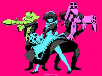 1boy 1girl 1other aiming alternate_costume apron black-framed_eyewear black_dress black_horns black_jacket black_pants black_shoes butler clenched_teeth closed_mouth color-coded commentary_request covered_eyes deltarune dress enmaided female_butler frilled_apron frilled_hairband frills full_body gatling_gun glasses goat_boy gun hairband highres holding holding_gun holding_rocket_launcher holding_weapon horns jacket juliet_sleeves kris_(deltarune) long_hair long_skirt long_sleeves looking_at_viewer maid maid_apron maid_headdress mary_janes minigun one_eye_closed pants pink_background ponytail puffy_sleeves ralsei rocket_launcher round_eyewear sharp_teeth shoes short_hair simple_background skirt smile standing susie_(deltarune) teeth temari_no_utage thighhighs twitter_username utdr_(toby_fox) vest weapon weapon_request white_hairband