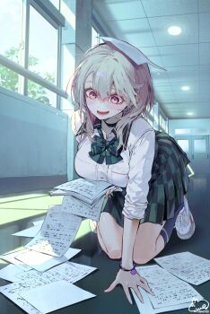 1girl all_fours artist_logo artist_name black_choker blonde_hair blush bow bowtie breasts ceiling ceiling_light choker collared_shirt commentary_request day double-parted_bangs fallen_down full_body green_bow green_bowtie green_skirt hallway highres holding holding_paper indoors large_breasts logo long_hair long_sleeves open_mouth original paper paper_stack pink_hair pleated_skirt school_uniform shirt shoes skirt sleeves_rolled_up smile sneakers solo sweat syuri22 vanishing_point white_shirt white_shoes window_shadow wing_collar