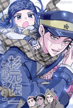 1girl 4boys ainu ainu_clothes arms_around_neck asirpa beard black_hair black_hat black_headband black_jacket blue_eyes blush blythecd brown_coat brown_hair cape coat commentary_request deer_costume earrings facial_hair facial_mark facial_scar fur_cape furrowed_brow golden_kamuy hat headband highres hood hood_up hooded_coat hoop_earrings jacket jewelry koito_otonoshin long_hair military_hat military_uniform multiple_boys multiple_scars ogata_hyakunosuke open_mouth parted_bangs plaid_clothes plaid_scarf scar scar_on_cheek scar_on_face scar_on_mouth scar_on_nose scarf short_hair smile sugimoto_saichi sweatdrop tsukishima_hajime upper_body very_short_hair white_coat