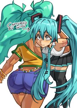 2girls aqua_hair aqua_necktie ass black_eyes black_skirt brazilian_miku carrying carrying_person dual_persona english_text grey_shirt hatsune_miku headphones headset highres long_hair moxydraws multiple_girls necktie number_tattoo selfcest shirt shorts simple_background skirt tattoo thighs twintails very_long_hair vocaloid white_background yuri