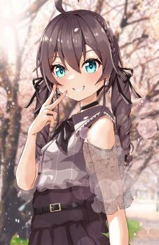 Rule 34 | 1girl, absurdres, belt, black belt, black choker, black ribbon, blue eyes, blush, brown hair, brown shirt, brown skirt, cherry blossoms, choker, drill hair, earrings, flower earrings, hair ribbon, highres, hololive, jewelry, lingmu, looking at viewer, medium hair, nail polish, natsuiro matsuri, natsuiro matsuri (casual), official alternate costume, pink nails, ribbon, shirt, skirt, smile, solo, twin drills, v, virtual youtuber