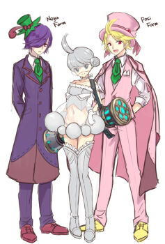 1girl 2boys ahoge ascot blonde_hair boots castform cherrim cherrim_(overcast) cherrim_(sunshine) gen_3_pokemon gen_4_pokemon green_ascot green_hair grey_hair hair_bun hair_over_one_eye hat kasuka108 mini_hat multiple_boys navel nintendo pants personification pink_hat pink_pants pink_vest pocket_square pokemon puple_coat purlpe_hair shoes standing thigh_boots tilted_headwear vest white_background yellow_shoes