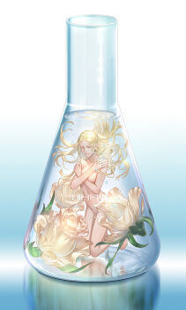 1girl akakokko_(niro_azarashi) birdmen_(manga) blonde_hair closed_eyes closed_mouth collarbone completely_nude flower highres in_container in_water long_hair navel nude rose rose_(birdmen) tiny white_flower white_rose