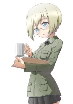 1girl black_bow black_skirt blonde_hair blue_eyes bow commentary_request cup feet_out_of_frame glasses green_jacket highres holding jacket military military_uniform orokana_nekku_guusu short_hair simple_background skirt solo standing strike_witches:_suomus_misfits_squadron ursula_hartmann white_background world_witches_series