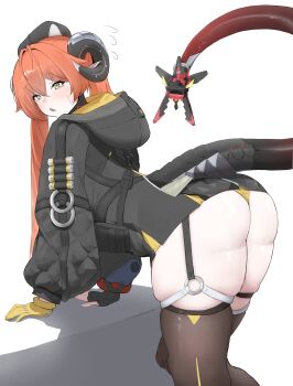 1girl absurdres ass asymmetrical_gloves bent_over black_gloves black_hat black_horns blush brown_thighhighs commentary_request curled_horns dress fingerless_gloves flying_sweatdrops from_side gloves green_eyes hair_between_eyes hat highres horns long_hair looking_at_viewer magus_(zenless_zone_zero) mechanical_horns mechanical_tail mismatched_gloves open_mouth orange_hair orange_pupils orphie_magnusson panties pointy_ears practicerecord simple_background single_fingerless_glove sweat tail thighhighs twintails underwear white_background yellow_gloves yellow_panties zenless_zone_zero zipper_dress