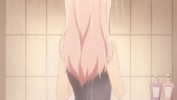 1girl all_fours animated anime_screenshot bath between_breasts blue_eyes blue_one-piece_swimsuit bouncing_breasts breasts censored_nipples cleavage collarbone convenient_censoring fujiwara_chika hanging_breasts kaguya-sama_wa_kokurasetai_~tensai-tachi_no_renai_zunousen~ large_breasts leaning leaning_forward medium_hair one-piece_swimsuit open_mouth pink_hair school_swimsuit sideboob soap soap_bubbles soap_censor steam steam_censor swimsuit thighs undressing video wet