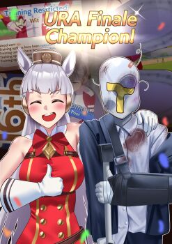 1boy 1girl absurdres animal_ears arm_sling bandages black_jacket blunt_bangs bow bowtie brown_hat cane cheek_bulge crutch dress footprints gameplay_mechanics gloves gold_ship_(red_strife)_(umamusume) gold_ship_(umamusume) grey_hair hat highres holding_another&#039;s_arm horse_ears horse_girl jacket kicked long_hair manjo_(warito) pillbox_hat punched red_bow red_dress shirt sleeveless sleeveless_dress smile t-head_trainer_(umamusume) thumbs_up trainer_(umamusume) umamusume white_gloves white_shirt
