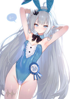 1girl adelie_cat alternate_costume animal_ear_hairband animal_ears armpits arms_up bow bowtie breasts commentary covered_navel detached_collar extra_pupils fake_animal_ears female_tyrant_(stella_sora) grey_hair hairband hands_in_own_hair highleg highleg_leotard highres leotard long_hair looking_at_viewer playboy_bunny pointy_ears rabbit_ears small_breasts solo spoken_sweatdrop stella_sora strapless strapless_leotard sweatdrop symbol-only_commentary tyrant_(stella_sora) white_background
