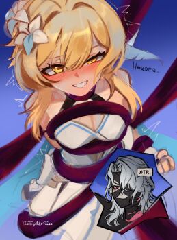 1boy 1girl absurdres artist_name bandage_over_one_eye bandages_over_mouth bare_shoulders black_bandages blonde_hair blue_background blush bound breasts cleavage clenched_hand commentary commentary_request english_commentary english_text feather_hair_ornament feathers female_pervert flower genshin_impact grin hair_between_eyes hair_flower hair_ornament hetero highres incroyablekunn looking_at_viewer lumine_(genshin_impact) medium_breasts medium_hair nose_blush one_eye_covered perversion_of_canon pervert red_eyes rerir_(genshin_impact) short_hair_with_long_locks smile tentacles white_hair yellow_eyes