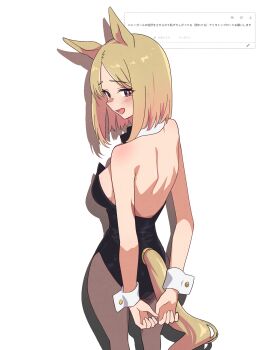 1girl animal_ears arms_behind_back back bare_shoulders blonde_hair blush breasts bright_pupils brown_pantyhose clothing_cutout commentary_request detached_collar from_behind highres horse_ears horse_girl horse_tail large_breasts leotard looking_at_viewer looking_back multicolored_hair narita_top_road_(umamusume) nontraditional_playboy_bunny open_mouth pantyhose pantyhose_under_leotard red_eyes short_hair sideboob simple_background smile solo strapless strapless_leotard streaked_hair tail tail_through_clothes umamusume wa_(wamizest7) white_background white_pupils white_streaks white_wrist_cuffs wrist_cuffs yellow_tail