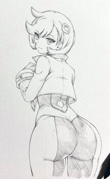 1girl art_tools_in_frame ass bodysuit bodysuit_under_clothes closed_mouth commentary_request cropped_jacket emma_(pokemon) graphite_(medium) greyscale highres jacket looking_at_viewer looking_back monochrome nintendo open_clothes open_jacket photo_(medium) pokemon pokemon_legends:_z-a seishun_dendeke short_hair simple_background smile solo traditional_media white_background