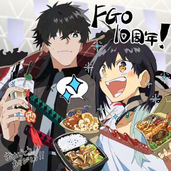 Rule 34 | 1boy, 1other, ahoge, anniversary, belt, black hair, black shirt, blue eyes, braid, chest harness, choker, coat, coat on shoulders, collared shirt, cup, fate/grand order, fate (series), food, formal clothes, fur-trimmed coat, fur trim, grey jacket, grey suit, hamburger steak, harness, holding, holding cup, holding food, jacket, jade (gemstone), katana, lapels, long braid, long sleeves, low ponytail, miyamoto iori (celebratory attire) (fate), necktie, notched lapels, official alternate costume, open mouth, orange eyes, overcoat, paper plate, pirohi (pirohi214), plate, ponytail, sausage, sheath, sheathed, shirt, shrimp, shrimp tempura, sidelocks, single braid, sparkle, sparkling eyes, suit, sweat, sword, tempura, unbuttoned jacket, weapon, white belt, white necktie, white shirt, yamato takeru (fate)