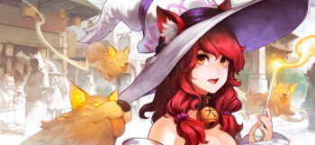 Rule 34 | 1girl, animal collar, animal ear fluff, animal ears, bare shoulders, bell, black collar, breasts, cleavage, collar, day, detached sleeves, dog, dog ears, ears through headwear, eyelashes, familiar, fantasy, ghost, hair ornament, hair scrunchie, happy, hat, holding, holding wand, lantern, light blush, long hair, long sleeves, looking at viewer, low-tied sidelocks, magic, magician, medium breasts, mole, mole under eye, nail polish, neck bell, open mouth, original, outdoors, paper lantern, patipat asavasena, people, pink nails, purple scrunchie, red hair, scenery, scrunchie, sidelocks, sleeves past wrists, smile, solo focus, statue, swept bangs, teeth, thick eyebrows, town, upper teeth only, wand, welsh corgi, white hat, white sleeves, witch, witch hat, yellow eyes
