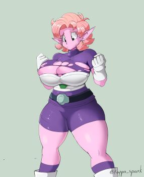 1girl :/ adjusting_clothes artist_name ass ass_focus bodysuit boots breasts bursting_breasts butt_crack cheelai cheelai_(cosplay) chronoa clenched_hands colored_skin cosplay dragon_ball dragon_ball_heroes dragon_ball_super earrings gloves highres holding jewelry kappa_spark large_breasts looking_at_breasts nipples orange_hair pink_eyes pink_skin pointy_ears potara_earrings purple_bodysuit short_hair short_shorts short_sleeves shorts simple_background solo standing sweat tinted_eyewear twitter_username wavy_eyes white_gloves wide_hips