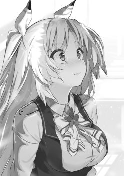 1girl ascot blush breasts buta_koushaku charlotte_lily_hughjack closed_mouth collared_shirt from_side greyscale hair_ribbon lips long_hair long_sleeves medium_breasts monochrome nauribon novel_illustration official_art ribbon school_uniform shirt sidelocks simple_background solo standing surprised tears third-party_source two_side_up very_long_hair vest white_background wide-eyed