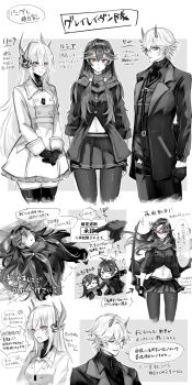 1boy 2girls absurdres breasts cameo commentary_request crossover dog_tags dress female_rover_(wuthering_waves) gloves headgear highres horns jacket kuro_games lee:_palefire_(pgr) lee_(pgr) liv:_eclipse_(pgr) liv_(pgr) long_hair long_sleeves looking_at_viewer lucia:_lotus_(pgr) lucia_(pgr) medium_breasts multiple_girls navel pants pantyhose parted_lips pink_eyes poipoi_poip punishing:_gray_raven red_eyes rover_(wuthering_waves) scarf skirt smile spot_color stomach thighhighs translation_request wuthering_waves