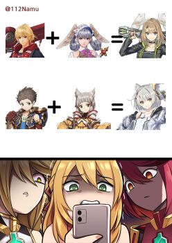 2boys 6+girls angry blonde_hair breasts cat_girl cellphone chest_jewel child clenched_teeth eunie_(xenoblade) fanfiction fiora_(xenoblade) green_eyes head_wings highres jealous large_breasts long_hair melia_antiqua mio_(xenoblade) multiple_boys multiple_girls mythra_(xenoblade) namu_(112namu) nia_(xenoblade) phone pyra_(xenoblade) red_eyes red_hair rex_(xenoblade) shaded_face short_hair shulk_(xenoblade) smartphone swept_bangs teeth very_long_hair wings xenoblade_chronicles_(series) xenoblade_chronicles_1 xenoblade_chronicles_2 xenoblade_chronicles_3 yellow_eyes