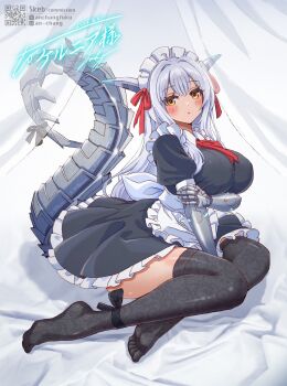 1girl an-chang ankle_ribbon antennae apron arm_under_breasts ascot black_dress black_ribbon black_thighhighs blush breasts brown_eyes commentary_request commission dated dragon_tail dress frilled_apron frilled_dress frills hair_between_eyes hand_on_own_arm highres large_breasts leg_ribbon long_hair long_sidelocks looking_at_viewer maid maid_headdress mechanical_arms original pixiv_logo pixiv_username qr_code red_ascot ribbon sidelocks signature sitting skeb_commission solo tail thick_thighs thighhighs thighs toes twitter_logo twitter_username waist_apron watermark white_hair