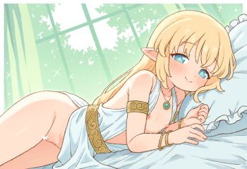 1girl blonde_hair blue_eyes blush bracelet censored commentary_request flat_chest jewelry loli long_hair looking_at_viewer lying necklace nipples on_side onyhakase original pillow pointy_ears smile solo