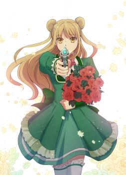 1girl absurdres aiming aiming_at_viewer blonde_hair brown_eyes brown_hair chinese_commentary commentary_request double_bun dress flower gun hair_bun handgun highres lan_ruobing long_hair looking_at_viewer red_flower red_rose rei_kuin rose solo thighhighs weapon white_thighhighs yellow_eyes zhandou_wang_zhi_jufeng_zhan_hun