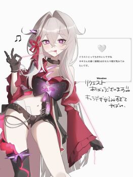 1girl 21syn_q_(gohan) absurdres beamed_eighth_notes black_choker black_gloves black_shorts bright_pupils choker feet_out_of_frame gloves hair_between_eyes hair_intakes highres holding holding_string honkai_(series) honkai_impact_3rd jacket long_hair looking_at_viewer micro_shorts mouth_hold musical_note navel purple_eyes red_jacket shorts smile solo stomach string thelema_nutriscu thelema_nutriscu_(mad_pleasure:_shadowbringer) very_long_hair white_background white_hair white_pupils