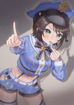 1girl absurdres black_thighhighs blue_eyes blue_jacket blue_shorts brown_hair closed_mouth clothing_cutout commentary_request hat highres hip_vent holding holding_whistle hololive jacket kumoru_(kumoru_145) looking_at_viewer official_alternate_costume oozora_subaru oozora_subaru_(police) pointing pointing_at_viewer police police_hat police_uniform shorts solo suspender_shorts suspenders thighhighs virtual_youtuber whistle