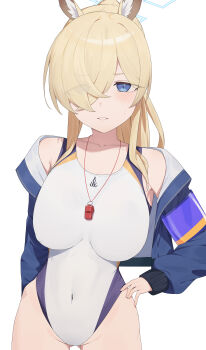 1girl absurdres animal_ear_fluff animal_ears armband blonde_hair blue_archive blue_eyes blue_halo blue_jacket breasts competition_swimsuit covered_navel dog_ears dog_girl extra_ears hair_over_one_eye halo hand_on_own_hip highleg highleg_one-piece_swimsuit highres jacket kanna_(blue_archive) kanna_(swimsuit)_(blue_archive) large_breasts long_hair looking_at_viewer notched_ear official_alternate_costume one-piece_swimsuit ponytail purple_armband ruha_(ruha12haru) simple_background solo swimsuit white_background white_one-piece_swimsuit