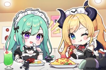 2girls :d aqua_eyes black_sleeves blonde_hair blush_stickers bow bowtie breasts chibi chibi_only cleavage cleavage_cutout clothing_cutout commentary_request demon_horns detached_sleeves drink_request food_request frilled_sleeves frilled_wrist_cuffs frills green_hair highres holding holding_spoon hololive horns indoors ketchup kiwipodo licking_lips long_hair maid maid_headdress medium_breasts multiple_girls notice_lines one_eye_closed open_mouth outline pointy_ears purple_eyes red_bow red_bowtie sidelocks single_hair_intake smile spoon tongue tongue_out virtual_youtuber vspo! white_outline white_wrist_cuffs wrist_cuffs yakumo_beni yuzuki_choco