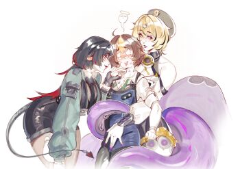 3girls black_hair blonde_hair cropped_legs fur-trimmed_jacket fur_trim high-waist_shorts highres jacket jane_doe_(zenless_zone_zero) lipstick_mark long_hair looking_at_viewer mouse_girl mouse_tail multiple_girls pantyhose police police_uniform policewoman red_lips sharp_tail shorts simple_background spirit tail tentacle_girl tentacle_tail tomiya_(zenless_zone_zero) torn_clothes torn_pantyhose white_background wktfrv47n yidhari_murphy yuri zenless_zone_zero