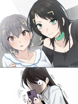 Rule 34 | 3girls, aqua choker, bang dream!, bang dream! it's mygo!!!!!, black hair, black shirt, blue eyes, blush, breasts, brown eyes, cellphone, choker, cleavage, closed mouth, commentary, facial recognition, grey hair, hair between eyes, highres, holding, holding phone, jacket, jealous, long hair, medium hair, mole, mole under eye, multiple girls, nagomu 7 56, off-shoulder shirt, off shoulder, open mouth, phone, shiina taki, shirt, short hair, smartphone, takamatsu tomori, white jacket, white shirt, yahata umiri