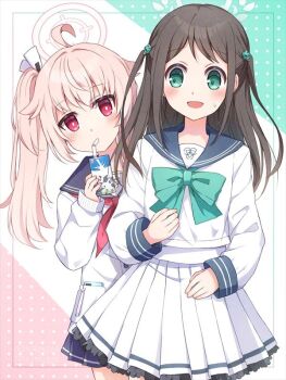 2girls ahoge airi_(blue_archive) blue_archive blue_sailor_collar bow bowtie brown_hair cardigan drink_carton drinking drinking_straw food-themed_hair_ornament green_bow green_bowtie green_eyes green_halo hair_ornament halo holding holding_milk_carton ice_cream_hair_ornament krhs06 long_hair long_sleeves milk_carton miniskirt multiple_girls natsu_(blue_archive) neckerchief pink_hair pleated_skirt polka_dot polka_dot_background red_eyes red_neckerchief sailor_collar school_uniform serafuku shirt side_ponytail skirt sweatdrop three-toned_background two_side_up white_cardigan white_serafuku white_shirt white_skirt