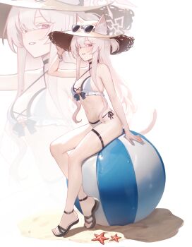 1girl absurdres akira_(blue_archive) animal animal_ears bare_arms bare_legs bare_shoulders bikini black_bikini blue_archive breasts cat_ears cat_tail colored_eyelashes grin halo highres long_hair medium_breasts mellow_(srpp4843) navel pink_halo red_eyes sandals smile solo starfish sunglasses swimsuit tail toes white_bikini white_eyelashes white_hair zoom_layer