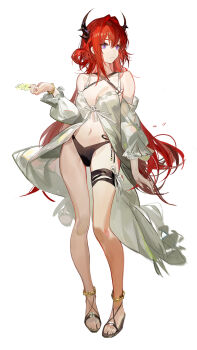 1girl absurdres anklet arknights arm_at_side bare_legs bare_shoulders bikini black_bikini black_horns black_sandals bracelet breasts cameo character-themed_food chinese_commentary cleavage closed_mouth collarbone commentary_request criss-cross_halter demon_horns detached_sleeves expressionless food front-tie_top full_body gold_anklet gold_bracelet hair_between_eyes hair_intakes hair_rings halterneck highres holding holding_food holding_popsicle horns jewelry legs long_hair long_sleeves looking_ahead medium_breasts mike_wazowski monsters_inc. navel official_alternate_costume pigeon-toed plumw popsicle purple_eyes red_hair sandals side-tie_bikini_bottom side_up_ring simple_background slit_pupils solo standing stomach surtr_(arknights) surtr_(colorful_wonderland)_(arknights) swimsuit swimsuit_cover-up thigh_strap toenails toes turning_head very_long_hair white_background white_sleeves