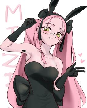1girl alien_stage animal_ear_hairband animal_ears arm_tattoo armpits back_bow bare_shoulders black_dress black_gloves bow character_name commentary dress dress_bow english_commentary fake_animal_ears glasses gloves hairband heart highres long_hair mizi_(alien_stage) official_alternate_costume pink_hair rabbit_ear_hairband rabbit_ears rabbit_tattoo solo strapless strapless_dress tattoo twintails very_long_hair w waeronnn yellow_eyes